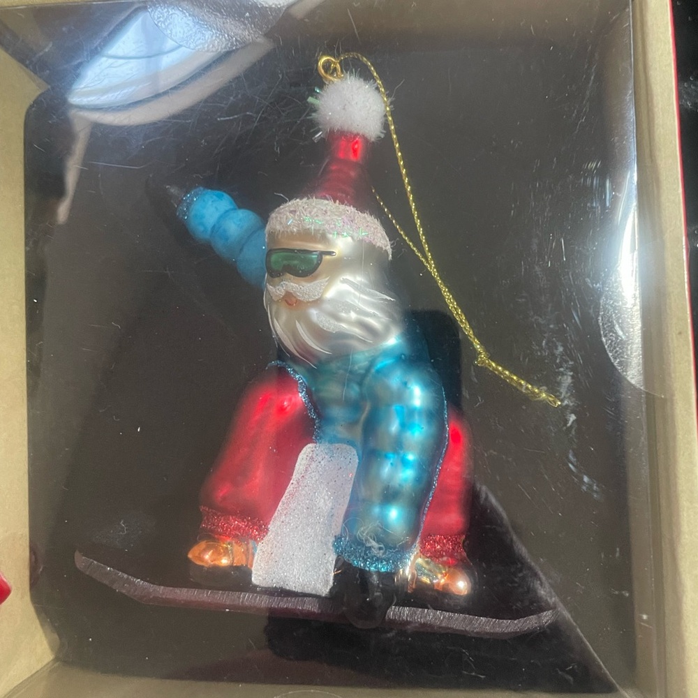 Snowboarding Santa Glass Ornament, New in Box